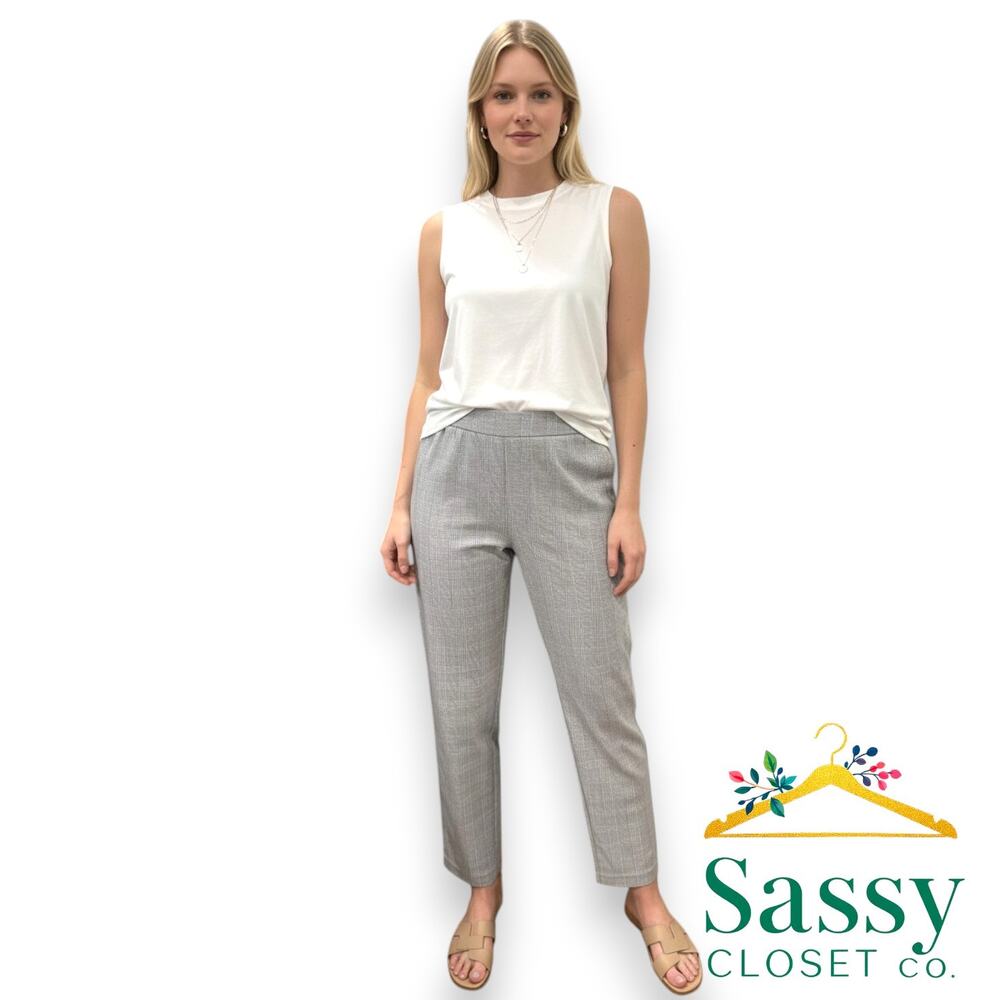 Calvin Klein White Gray Plaid Pants 12 EUC Pull On Stretch Flat Front Slim Crop